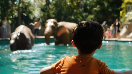 A child watches elephants beside a pool, capturing a moment of fascination and innocence, as a crowd in the background enjoys the lively zoo environment.