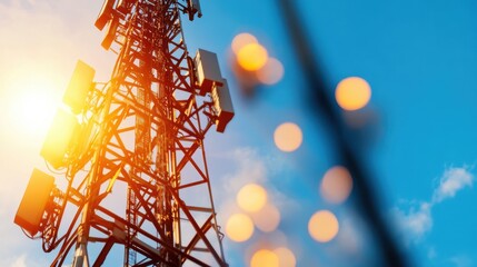 A telecommunications tower is captured with a bokeh effect highlighting the vibrant dawn colors, representing connectivity and modern communication technology.