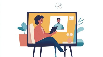 A parent attending a virtual parent-teacher conference through an online platform on a tablet, Modern lifestyle scene, Educational support style