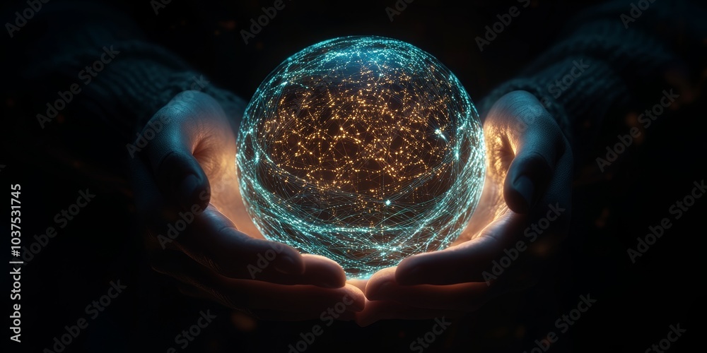 Wall mural a close-up of hands gently holding a futuristic glowing orb with intricate patterns and data streams