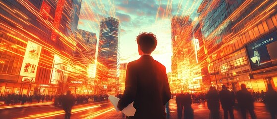 Fototapeta premium A bustling modern cityscape with towering skyscrapers under a vibrant sunset sky. In the foreground, a professional-looking young adult with an intense, determined expression. 