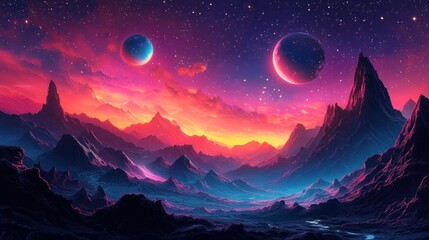 Naklejka premium Cosmic Landscape: A Fantasy of Mountains, Planets and Stars