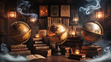  Set of Vintage Globes and Books with Glowing Magical Lights in a Fantasy World