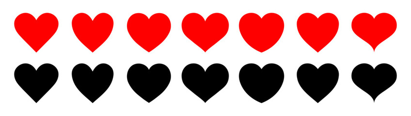 Red, black heart icon set in different shape isolated. Heart icons set. Red and black hearts symbol, love sign, heartbeat silhouette, heart pictograms isolated set. Vector illustration. Flat design.