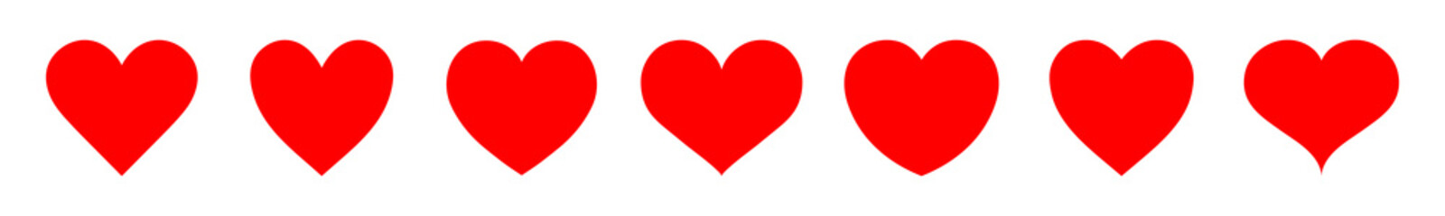 Red heart icon set in different shape isolated on a white background. Heart icon set. Red hearts symbol, love sign, heartbeat silhouette, heart pictograms isolated set. Vector illustration.