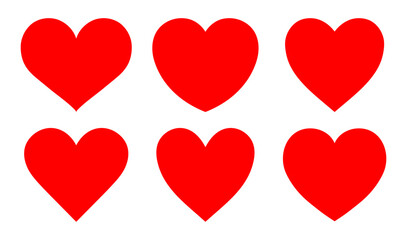 Red heart icon set in different shape isolated on a white background. Heart icon set. Red and hearts symbol, love sign, heartbeat silhouette, heart pictograms isolated set. Vector illustration.