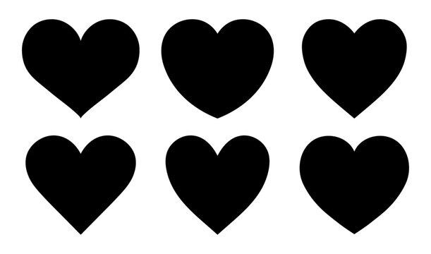 Silhouette black heart icon set in different shape isolated on white background. Heart icons. Black hearts symbol, love sign, heartbeat silhouette, heart pictograms isolated set. Vector illustration.