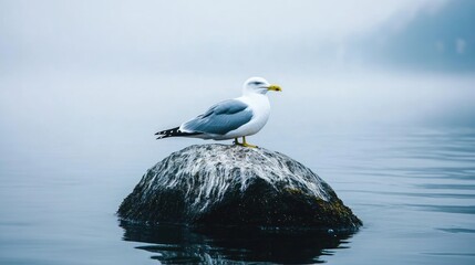 Fototapeta premium Seagull on Rock in Calm Water and Misty Landscape