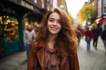 Portrait of a beautiful young woman with long red hair in the city