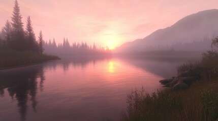 Fototapeta premium Serene Sunset over Calm Water and Silhouetted Trees