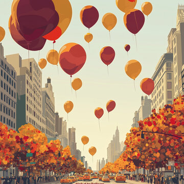 A 3D illustration of iconic parade balloons floating above city streets