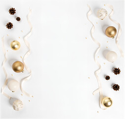Fototapeta premium Golden Christmas ornaments and pinecones with elegant ribbons on white background with copy space