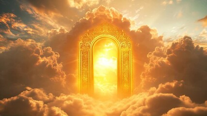 
A stunning depiction of ethereal golden gates of heaven, beautifully framed by soft white clouds and a radiant glow of light, symbolizing hope, peace, and spirituality. - Powered by Adobe