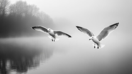 Obraz premium Seagulls Flying Over Misty Water Surface