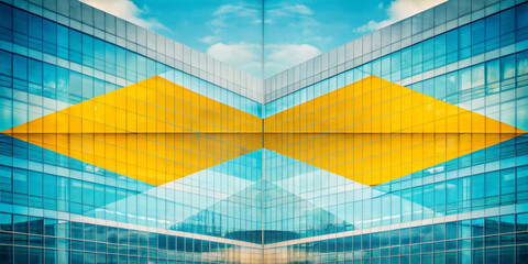 A symmetrical pattern of glass windows reflects the sky, mirroring the architectural effect. Bold yellow and orange geometric shapes intersect the facade. Business background or copy space card. AI ge