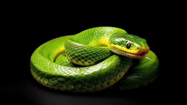 The green tree python coils gracefully, displaying its bright scales and striking features. Its tongue flicks out curiously, enhancing the beauty of this exotic reptile
