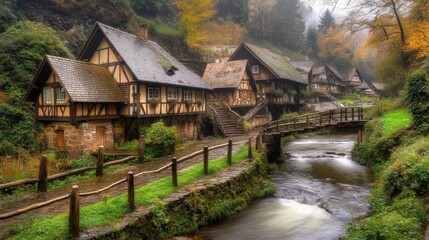 Quaint wooden homes line the riverbank, enveloped in autumn mist. The tranquil village exudes a serene atmosphere highlighted by vibrant fall foliage