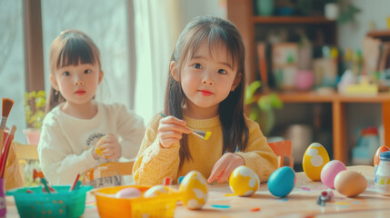 Fototapeta premium Children joyfully painting easter eggs in a colorful creative workshop