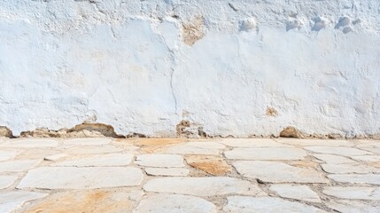 Obraz premium The cracked white wall contrasts with the smooth stone pavement, both illuminated by warm sunlight. This quiet outdoor area showcases natural wear and charm in a peaceful environment