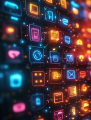 Fototapeta premium Glossy digital screen with vibrant collection of icons arranged in seamless grid, offering a modern and organized visual display.