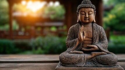 Fototapeta premium Buddha statue in a temple, radiating serenity and representing the teachings of Buddhism