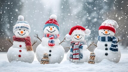 Four snowmen dressed in winter wear standing in a snowy forest