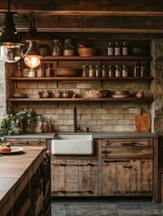 Rustic kitchen featuring wooden cabinets, stone countertop, exposed shelving, and farmhouse sink, offering a cozy and traditional aesthetic.