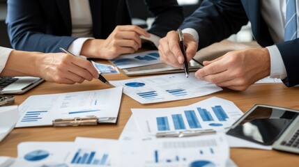 A group of professionals is engaged in a collaborative meeting, analyzing financial reports and discussing strategies. The workspace is filled with documents, charts, and digital devices