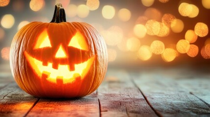 Fototapeta premium This festive decoration features a carved jack-oвЂ™-lantern with a cheerful face, illuminated from within, set against a backdrop of warm bokeh lights, perfect for Halloween celebrations