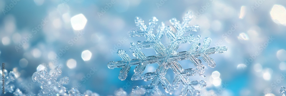 Fototapete delicate and shimmering snowflakes rest gently on a soft blue surface, showcasing the intricate patt