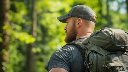 Fototapeta premium A man prepares for an adventurous hike in a vibrant forest, sunlight filtering through the trees as he dons a cap and carries a well-packed backpack, embodying the spirit of exploration