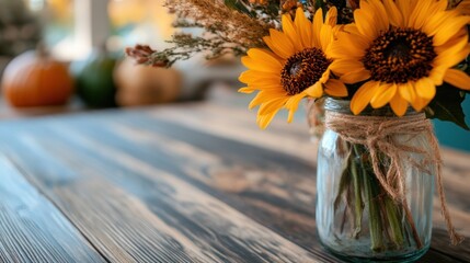 A rustic mason jar filled with vibrant sunflowers stands on a wooden table. The warm autumn colors of pumpkins and decor create a cozy atmosphere, celebrating the season