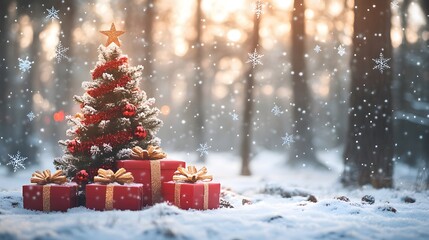 Obraz premium Decorated Christmas Tree and Presents in a Snowy Forest