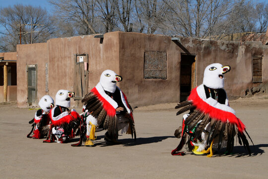 USA, New Mexico, Ohkay Owingeh Pueblo. Traditional, ceremonial eagle dances.