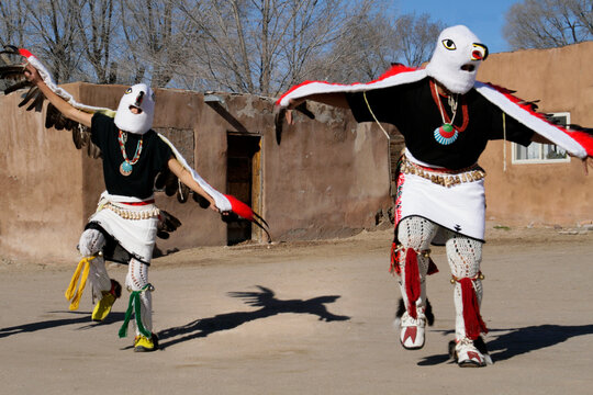 USA, New Mexico, Ohkay Owingeh Pueblo. Traditional, ceremonial eagle dances.