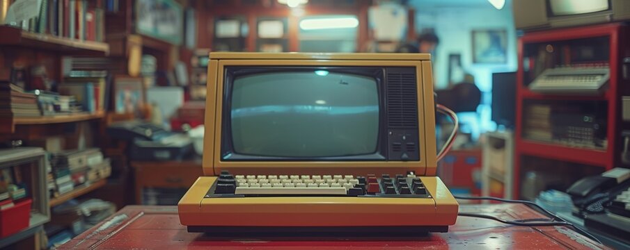 A vintage computer terminal with a CRT screen and keyboard, prominently displayed in a retro-themed room full of nostalgic memorabilia and classic electronics