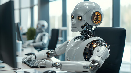 Fototapeta premium Futuristic Robot is Working on Laptop in a Modern Office Environment, generative ai