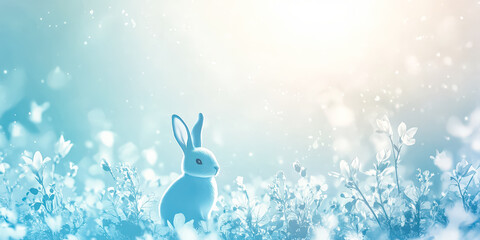 Obraz premium Rabbit is standing in a field of flowers. The sky is blue and the sun is shining brightly. The rabbit is looking to the right. Easter card