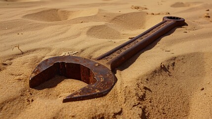 Partially buried in the desert sand is an antique wrench