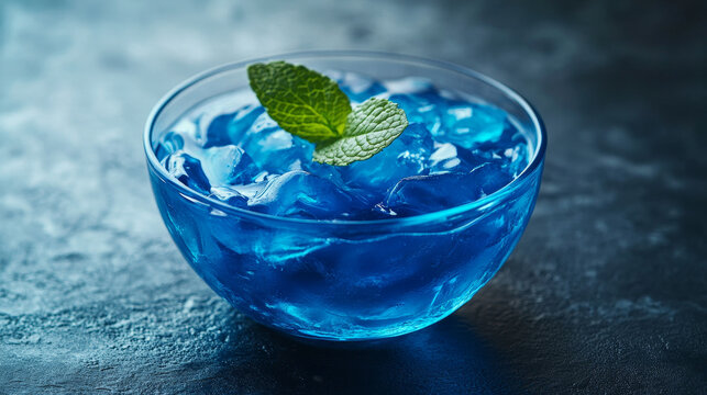 "Refreshing Blue Jelly Dessert with Mint Leaf in a Glass Bowl: A Cool and Glossy Culinary Delight, Captured in a Horizontal Frame"

