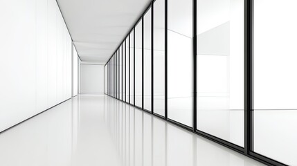 Fototapeta premium Modern corridor with glass walls and reflective floor.