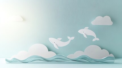Fototapeta premium Paper cutout scene of whales jumping over waves.