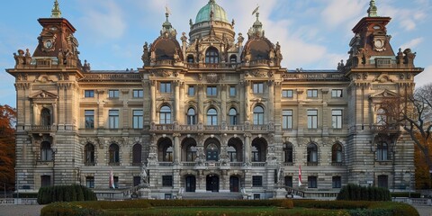 Fototapeta premium A magnificent and ornately designed historical building showcasing classic European architecture with detailed facades and grand sculptures in an urban setting