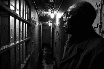 An evocative black and white photograph captures a solitary individual in a narrow, dimly lit corridor with peeling paint and barred windows