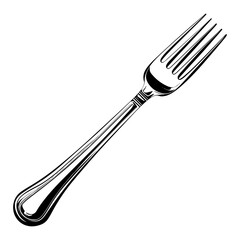 A black and white fork highlighted on a white background. Doodle, flat style. For the design of a poster, logo, label.