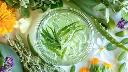 Obraz premium Aloe vera gel and essential oils blend together in a glass bowl, surrounded by fresh flowers and green herbs, evoking a sense of natural skincare and holistic self-care.