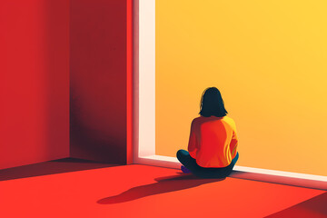 A contemplative young woman sits alone in a vibrant red and yellow room, absorbed in thought as she gazes out a large window.