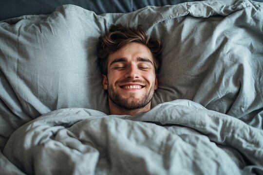 Happy man falls asleep in a good mood in a gray bed at night, Generative AI