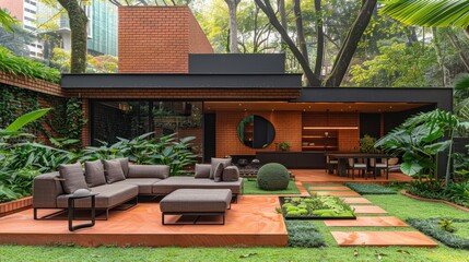 Naklejka premium Modern architectural marvel nestled in lush greenery with stylish outdoor seating blending nature and design for ultimate relaxation and inspiration