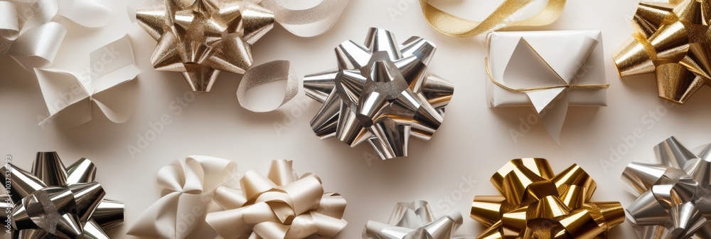 Aufkleber an arrangement of abstract shapes that resemble gift boxes, ribbons, and bows in elegant colors, cre